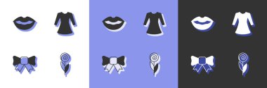 Set çiçeği, gülen dudaklar, hediye yayı ve kadın giysi ikonu. Vektör