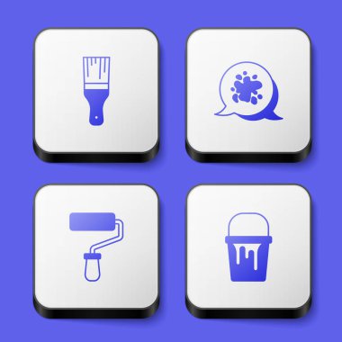 Boya fırçası, sprey, silindir ve kova ikonu. Beyaz kare düğme. Vektör