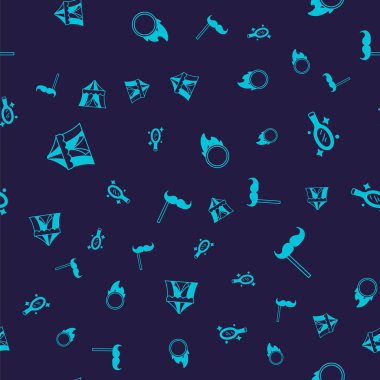 Sirk çadırı, sihirli el aynası, ateş çemberi ve düz desenli kağıt bıyık. Vektör