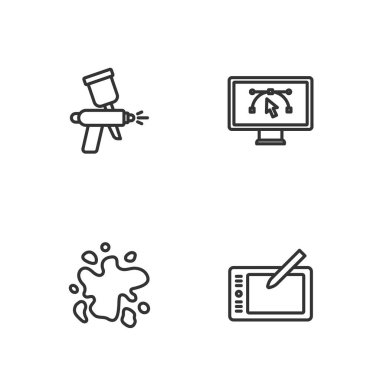 Çizgi grafiksel tablet, boya spreyi, silah ve bilgisayar dizayn programı simgesiyle ayarlayın. Vektör