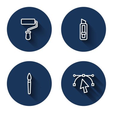 Çizgi boyası fırçası, kırtasiye bıçağı ve uzun gölgeli Bezier eğrisi. Mavi daire düğmesi. Vektör