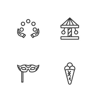 Dondurmayı waffle, festival maskesi, hokkabazlık topu ve atlıkarınca ikonunda ayarla. Vektör