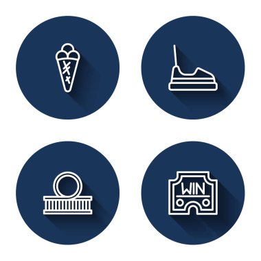 Dondurmalı waffle, çarpışmalı araba, lunapark treni ve uzun gölgeli gazino kazandı. Mavi daire düğmesi. Vektör
