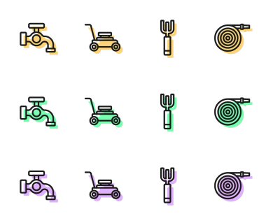 Bahçe yabası, su musluğu, çim biçme makinesi ve hortum ikonu. Vektör