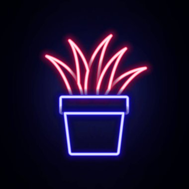 Parlayan neon hattı. Tuğla duvarda izole edilmiş tencere simgesinde bitki var. Tencerede yetişen bir bitki. Saksı bitkisi işareti. Renkli taslak konsepti. Vektör