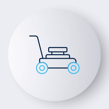 Çizgi çim biçme makinesi simgesi beyaz arkaplanda izole edildi. Çim biçme makinesi çim biçiyor. Renkli taslak konsepti. Vektör