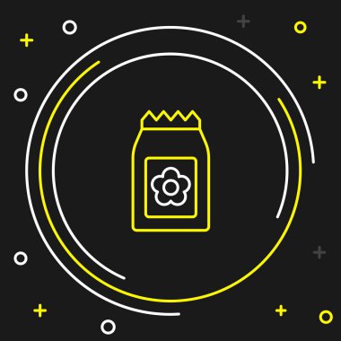 Siyah arka planda izole edilmiş belirli bir bitki simgesinin tohumlarıyla dolu çizgi paketi. Renkli taslak konsepti. Vektör