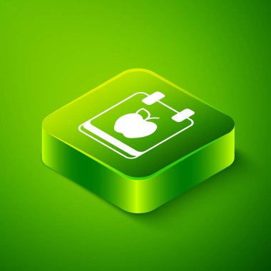 Isome diyet planı simgesi yeşil arkaplanda izole edildi. Fitness maratonu konsepti, düzgün beslenme, sağlıklı yemek, güzel vücut, sebze, zayıflama. Yeşil kare düğmesi. Vektör