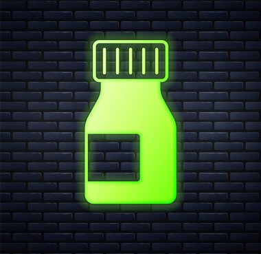 Parlayan neon vitamin kompleksi hap kapsülü ikonu tuğla duvar arkasında izole edilmiş. Sağlıklı bir yaşam tarzı. Vektör