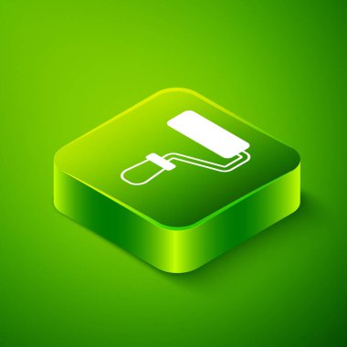 Isometric Paint roller brush icon isolated on green background. Green square button. Vector