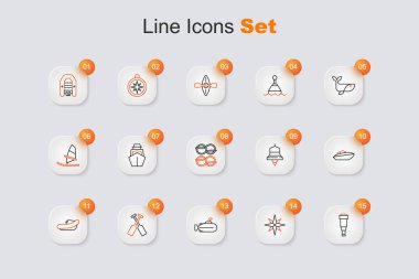 Spyglass teleskop lensi, Rüzgar gülü, Denizaltı çapraz kürek ya da kürek teknesi, motor, sürat teknesi, gemi çanı ve deniz kablosu simgesi ile şişirilebilir. Vektör