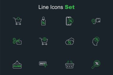 Satır büyüteçini yüzde ile ayarla, alışveriş sepeti, satın alma düğmesi, asma tabelası kapatıldı, indirim etiketi eklendi, kart ekle ve makas indirim kuponu simgesi kes. Vektör