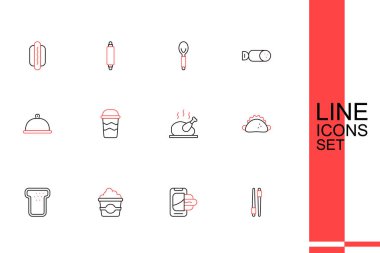 Hazır yemek çubukları, cep telefonu siparişi, patlamış mısır karton kutu, ekmek tostu, tortilla ile taco, kızarmış hindi tavuğu, kahve fincanı ve kaplanmış tepsi yemek ikonu. Vektör