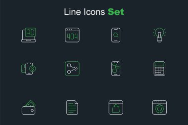 Satır Tarayıcı ayarı, çevrimiçi alışveriş ekranda, Dosya belgesi, Cüzdan içinde para, Hesap makinesi, Mobil 24 saat destek, Paylaşım ve Dolar simgesi. Vektör