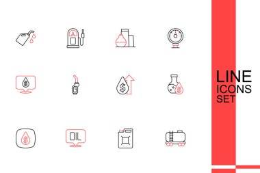Petrol deposu, benzin deposu, kelime yağı, dolar sembolü, benzin test tüpü, fiyat artışı, benzin pompası enjektörü ve ikon. Vektör