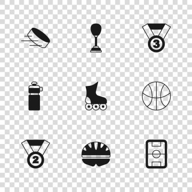 Bisiklet kaskı, basketbol sahası, paten, madalya, hokey diski, kum torbası ve fitness sallama ikonu. Vektör