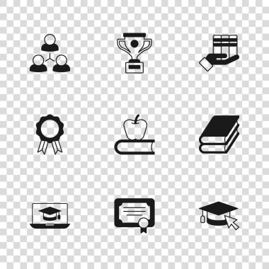 Sertifika şablonu, Kitap, İmleç, Elma, Bağış, Çevrimiçi sınıf, Ödül kupası ve eğitim diploması ikonu içeren mezuniyet şapkası ayarlayın. Vektör