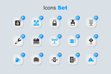 Online bilet rezervasyonu, Oil tren yolu sarnıcı, rayların sonu, Turnstile, Trolley bavulu, Ünlem işareti kare ve tren trafik ışığı ikonu. Vektör