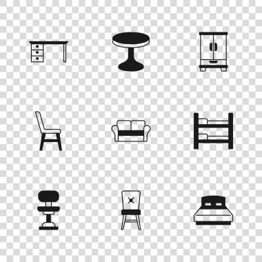 Koltuk, yatak, kanepe, gardırop, ofis masası, yuvarlak masa ve ikon. Vektör