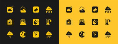 Bulut ve şimşek ayarla, ay evreleri, su damlası yüzdesi, Fahrenheit, bulutlu gökkuşağı, hava tahmini uygulaması ve simgesi. Vektör