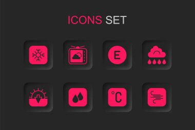 Su damlası, hava tahmini, Kar Tanesi, Celsius, Yağmurlu Bulut, Rüzgar, Pusula Batı ve Günbatısı ikonu. Vektör