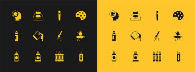 Palet, boya paletli tüp, boya fırçası, boya kalemleri çizim, kova, sprey ve mürekkep ikonu için. Vektör