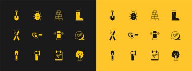 Su geçirmez lastik bot, tahta balta, otomatik sulama fıskiyeleri, sonbahar yapraklı takvim, yapraklı süpürge, merdiven, kürek ve Colorado böceği ikonu. Vektör