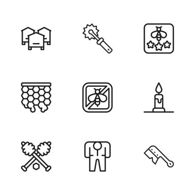 Beekeeper kostümü, yanan mum, arı koruyucu fırça, Stop bee, Type of, Hive for bees, Cutter roll Honey ve Honeycomb ikonu. Vektör