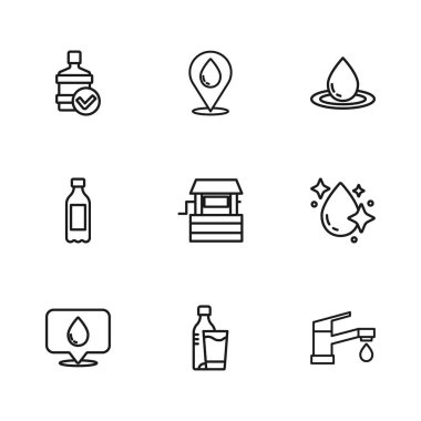 Bardaklı bir şişe su, musluk suyu, temiz bir şişe, konum ve ikon. Vektör