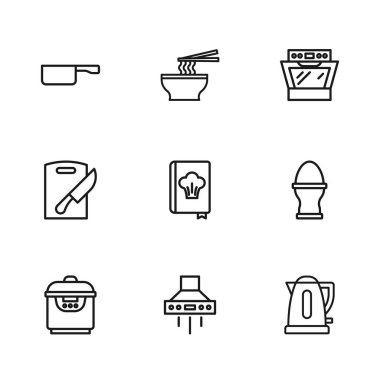Sabit hat mutfak vantilatörü, tavuk yumurtası standa, elektrikli su ısıtıcısı, yemek kitabı, fırın, kızartma tavası, Asya erişte kasesi ve tahta bıçak ikonu. Vektör
