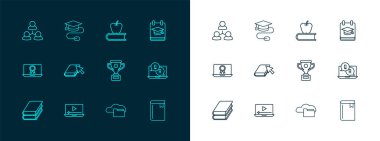 Çevrimiçi eğitim, oyun videosu, ödül kupası, bulut veya çevrimiçi kütüphane, kitap, elma, sınıf ve mezuniyet fare simgesi içeren kitap. Vektör