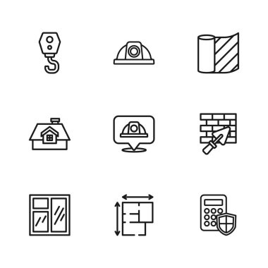Hat ev planı, malalı tuğla duvar, güvenlik tuş takımı erişim paneli, işçi kaskı, duvar kağıdı, turna kancası ve ikon. Vektör