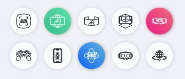 360 derecelik çizgi, sanal gerçeklik gözlükleri, oyun alanı, 3D modelleme ve güçlendirilmiş AR simgesi. Vektör