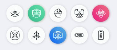 Büyük kardeş elektronik göz, 360 derece görüş, 3D modelleme, sanal gerçeklik gözlükleri, güçlendirilmiş AR ve ikon. Vektör