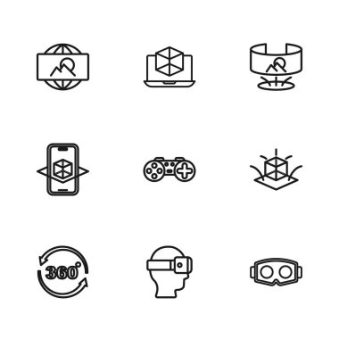 Çizgi Sanal gerçeklik gözlükleri, 3D modelleme, Gamepad, 360 derecelik görüş açısı geniş resim ve simge. Vektör