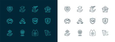 House, konum kalkanı, mezuniyet şapkası, can yeleği, yanan araba, uçak kolu, kalkan göz ve eğitim bursu ikonu. Vektör