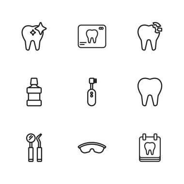Güvenlik gözlüğü, diş teli, dişli takvim, elektrikli diş fırçası, kırık, beyazlatıcı, röntgen ve ağız yıkama ikonu. Vektör