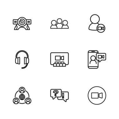 Soru ve Yanıt satırını ayarla, görüntülü sohbet konferansı, web kamerası, Toplantı ve Kulaklık simgesi. Vektör