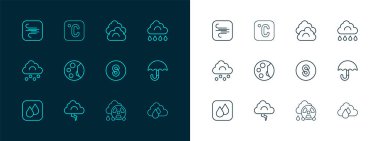 Bulut 'u yağmur, şimşek, pusula güneyi asit radyoaktif bulut, ay evreleri, rüzgar ve Celsius ikonu ile sınırlayın. Vektör