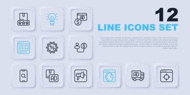 Kamyon için çizgi reklamı, hedefin finansal hedefi, indirimli yüzde etiketi, dünya çapında ampul ve megafon ikonu. Vektör