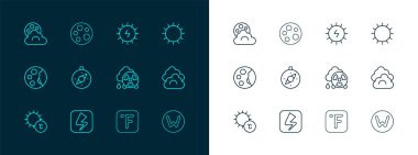 Güneş, Şimşek, Asit yağmuru radyoaktif bulut, Fahrenheit, Pusula, Güneş enerjisi paneli, Ay ve Ay ikonlu Bulut. Vektör