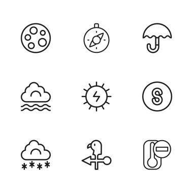 Horoz rüzgar gülü, pusula güney, termometre, güneş enerjisi paneli, Şemsiye, Ay, sis ve bulut simgesi. Vektör