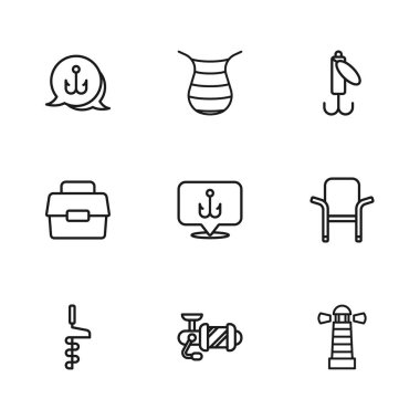 Balık tutmak için halat makarası, kamp sandalyesi, deniz feneri, olta kancası, yem, ağ ve kutu simgesi. Vektör