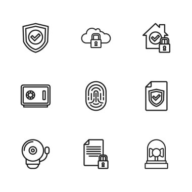 Satır Belgesi ve Kilit, Kalkanlı Sözleşme, Alarm Çanı, Parmak izi, Koruma Altındaki Ev, Kalkan Kontrol İşareti, Bulut Bilgisayar ve Güvenli Simgesi. Vektör