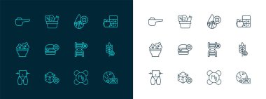 Calorie hesap makinesini ayarla, şekersiz, GDO, magnezyum, burger, Palm yağı, spor beslenme proteini ve alışveriş torbası ve yiyecek ikonu. Vektör