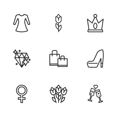 Çiçek lalesi, kadın ayakkabısı, bir kadeh şampanya, kağıt alışveriş çantası, kral tacı, elbise ve elmas ikonu. Vektör