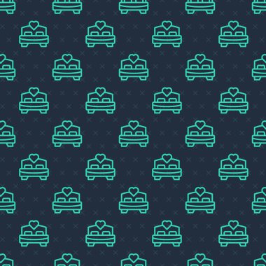 Yeşil çizgi yatak odası simgesi mavi arkaplanda izole edilmiş kusursuz desen. Düğün, aşk, evlilik sembolü. Balayı koleksiyonundan yatak odası yaratıcı ikonu. Vektör