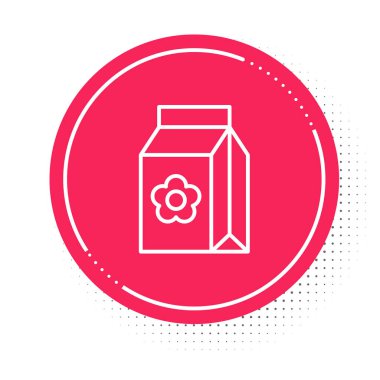 Beyaz arka planda izole edilmiş özel bir bitki simgesinin tohumlarıyla dolu beyaz çizgi paketi. Kırmızı daire düğmesi. Vektör