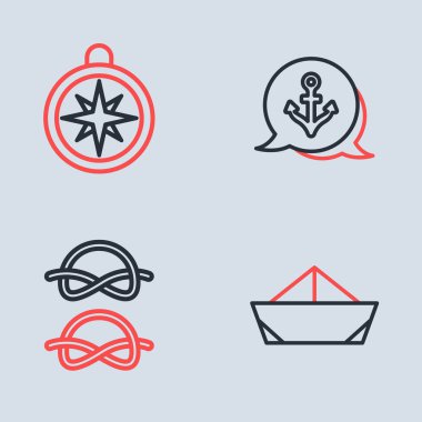 Anchor hattı, Denizcilik halat düğümleri, katlanır kağıt tekne ve pusula simgesi. Vektör