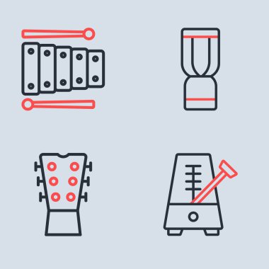 Djembe davul, gitar boyunlu, sarkacılı Metronom ve ksilofon simgesini ayarla. Vektör